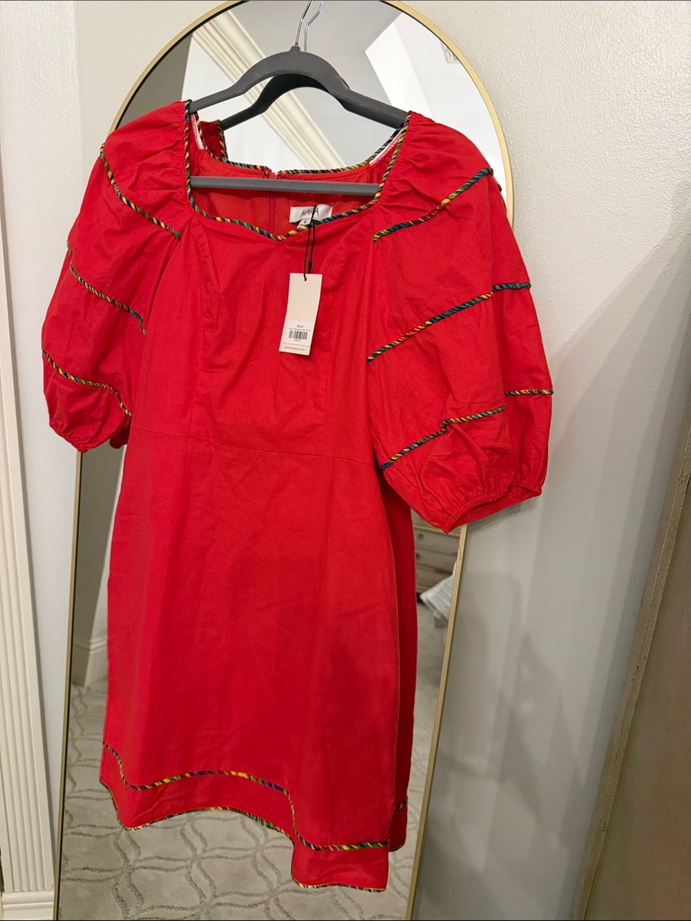 Avara NWT Red Puff-Sleeve Mini Dress with Braided Trim